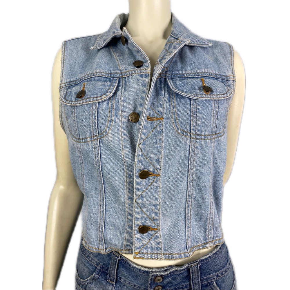 90’s Vintage Basic Blues 100% Cotton Crop Blue Jean Denim Button Down Vest Sz L